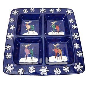 Certified Intl Rebecca Ruegger 15.5x15.5 Reindeer Snowflake Divided Tray CIC VG
